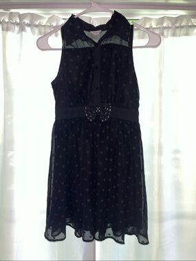 Girls' Black Polka Dot Sleeveless Party Dress with Studded Bow
